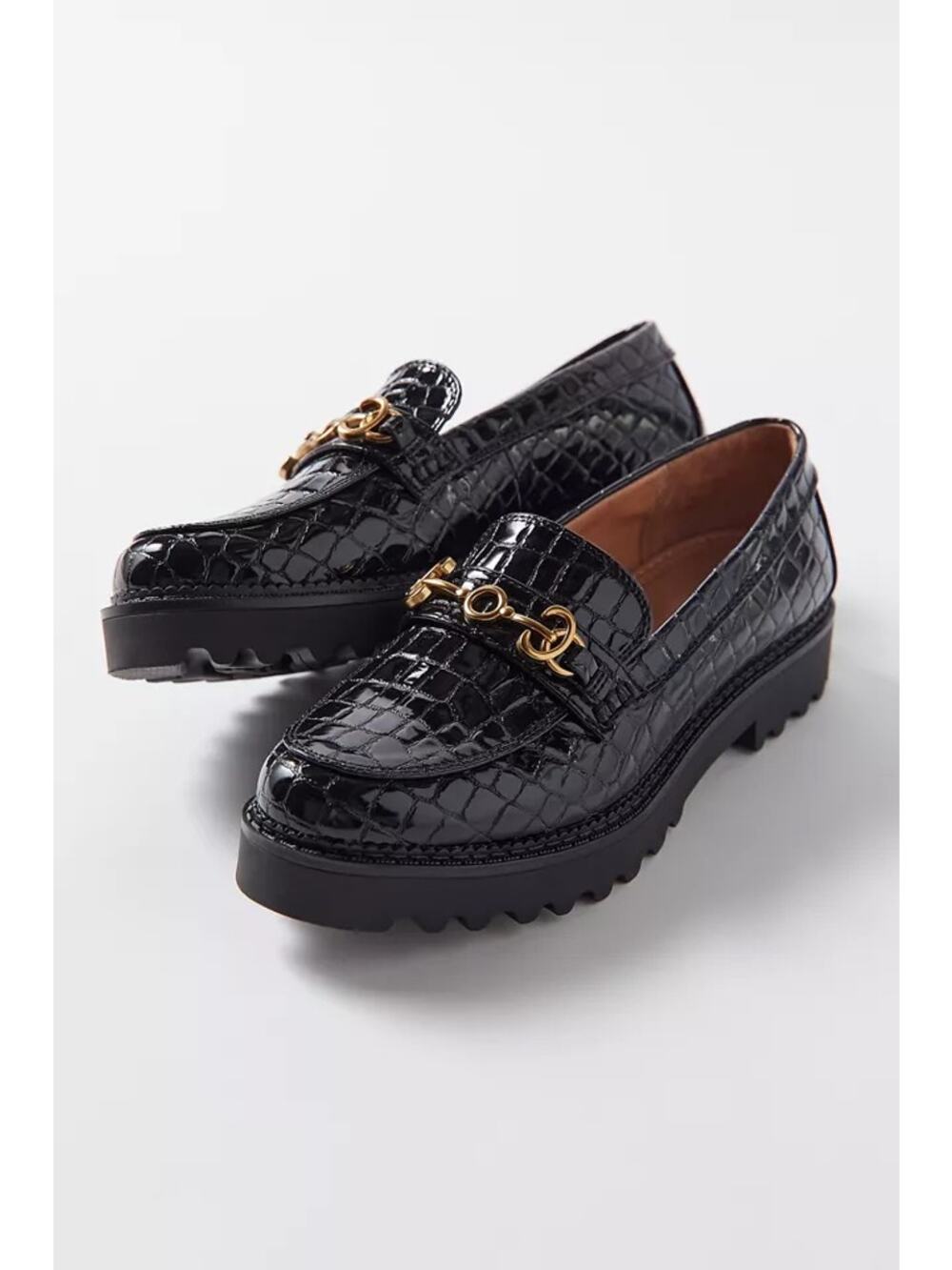 Sam Edelman Circus NY Black Deana Lug Sole Chunky Loafers Gold Chain Size 8.5